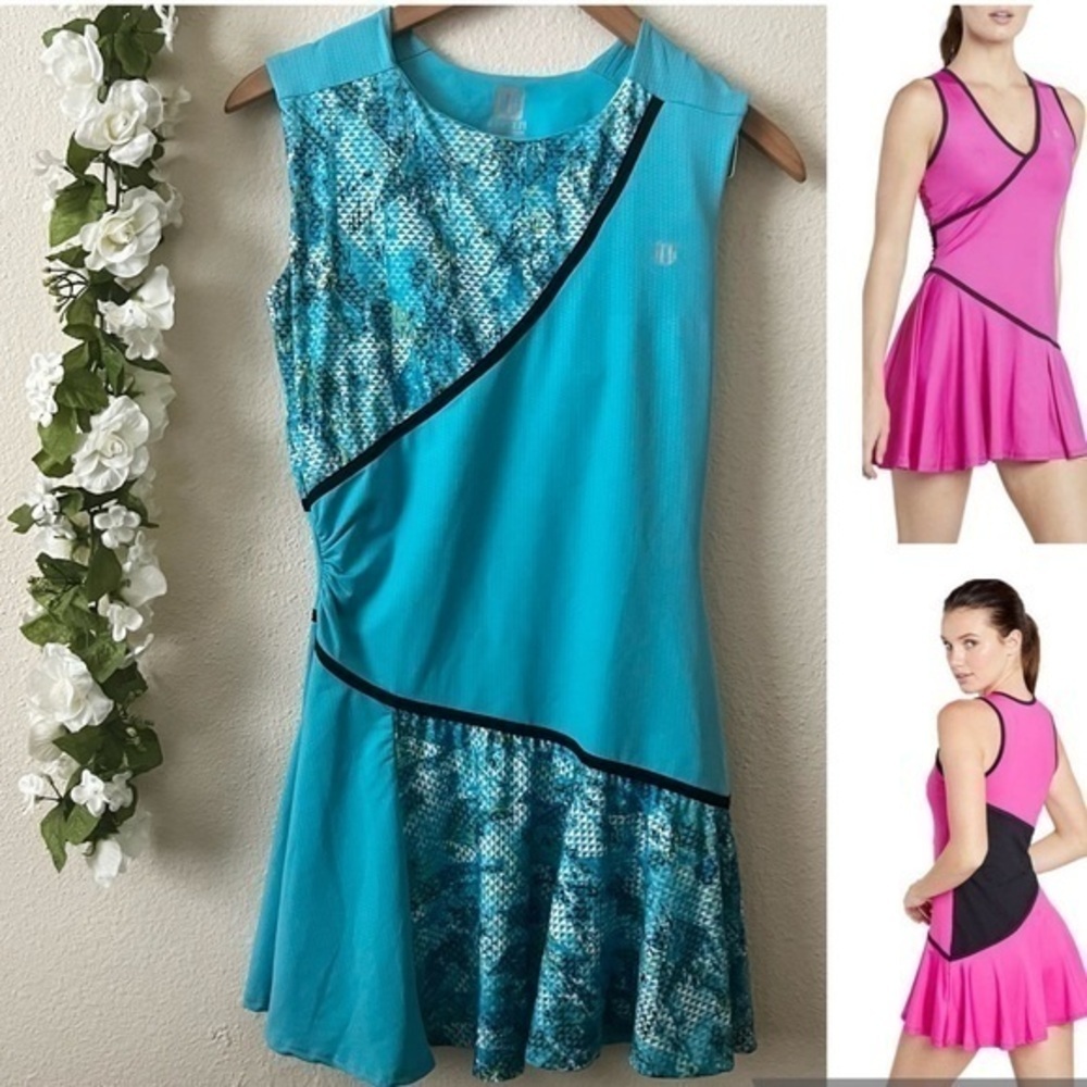 Eleven by Venus Williams Blue Geometric Ruched Panel Sleeveless Athletic Dress